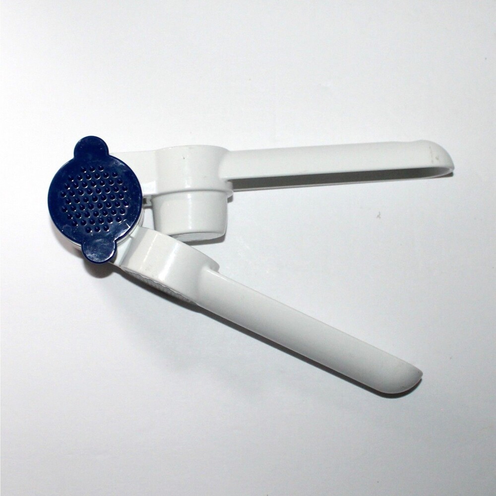 Tupperware Garlic Press with blue cleaning tool metal enamel white retro